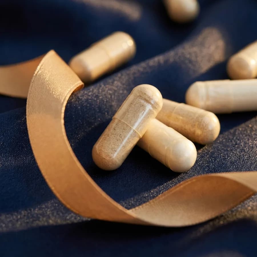 Capsules sur soie navy et ruban champagne